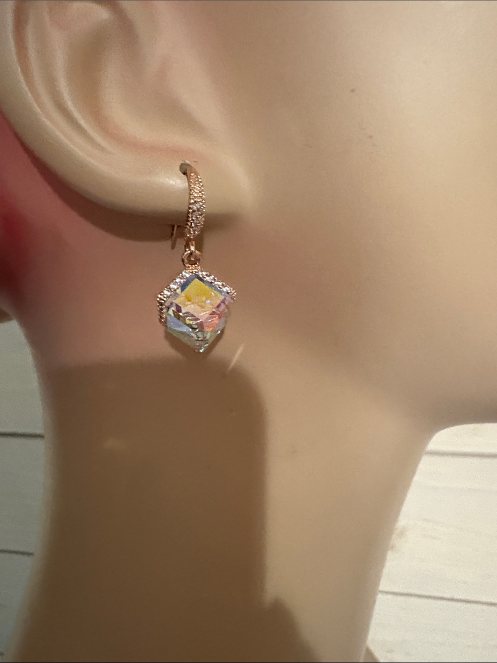 Rose Gold Hoop Earrings with Iridescent Crystal Cube